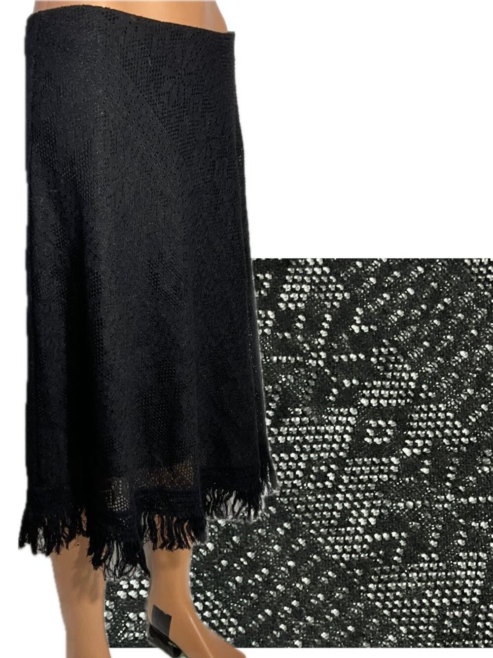 Cato Sz L Black Lace Midi Skirt With Fringe Crochet Womens